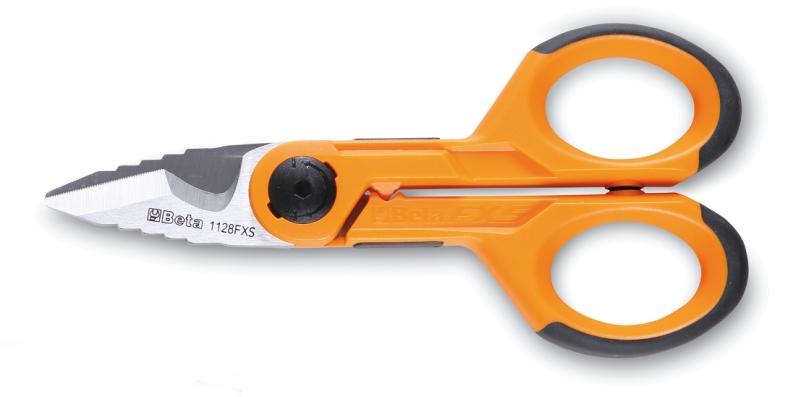 1128FXS - Electrician's scissors with graduated milling profiles, straight stainless steel blades, with microteeth, cable cutting groove and crimping pliers for tube terminals