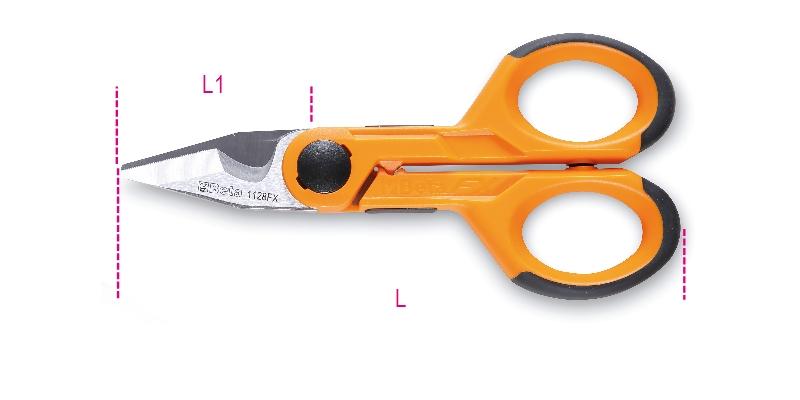 1128FX - Electrician's scissors, straight stainless steel blades, with microteeth, cable cutting groove and crimping pliers for tube terminals