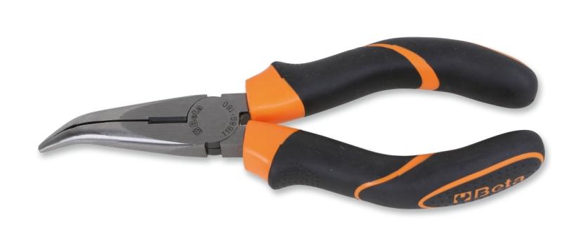 1168GBM - Extra-long bent needle knurled nose pliers, bi-material handles, industrial finish