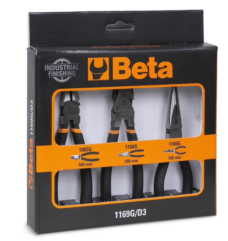 1169G/D3 - Set of 1 combination pliers, 1 long needle nose pliers and 1 diagonal cutting nippers, slip-proof double layer PVC, industrial finish