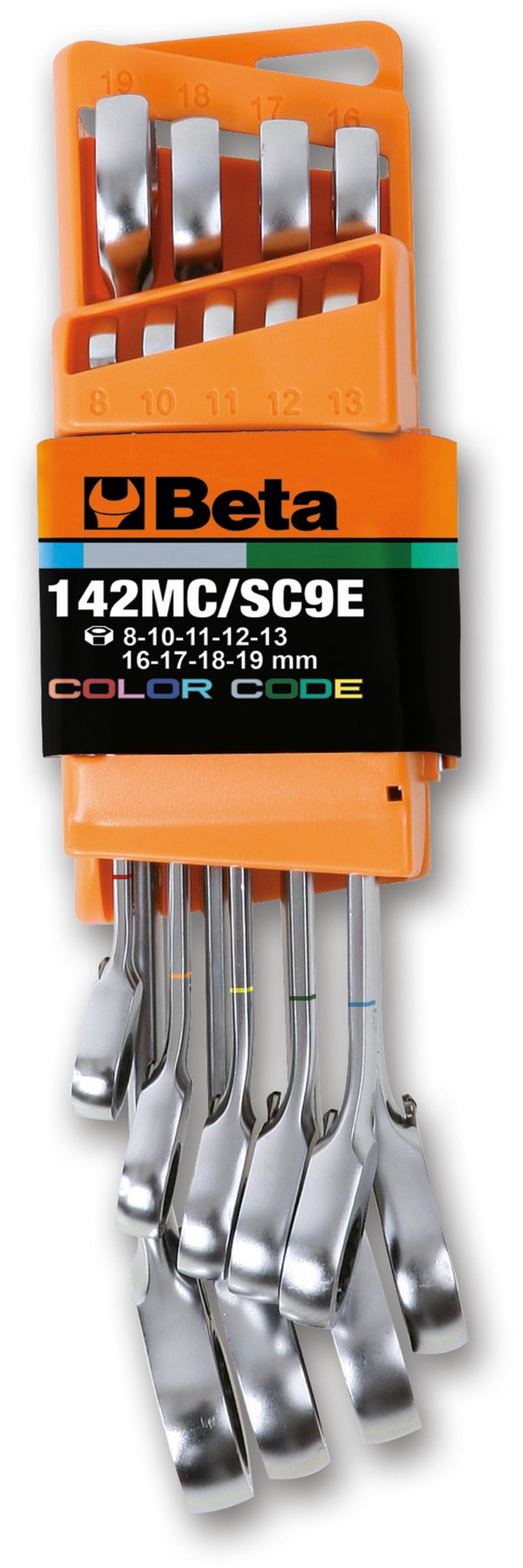 142MC/SC9I-E - Set of 9 reversible ratcheting combination wrenches, coloured, with compact support