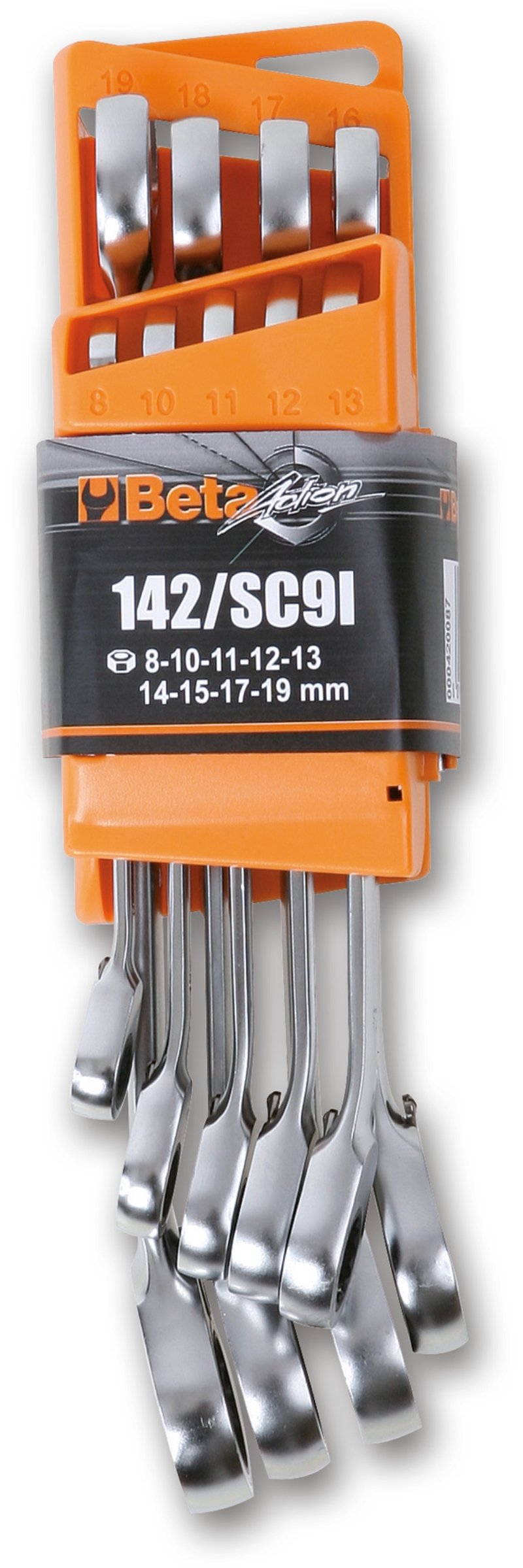142/SC9I-E - Set of 9 reversible ratcheting combination wrenches with compact support