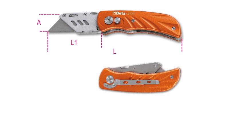 1777T - Foldaway knife with trapezoidal stainless steel blade, 5 spare blades