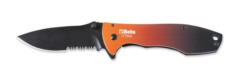 1778AX - Foldaway knife, stainless steel serrated blade, aluminium handle, serration pattern for easier opening • in case