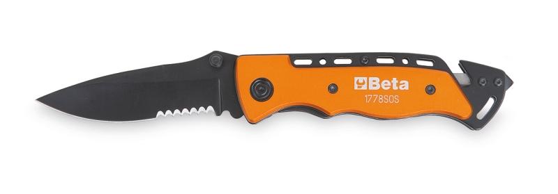 1778SOS - Car service knife with window breaking hammer and seat belt cutter features in case