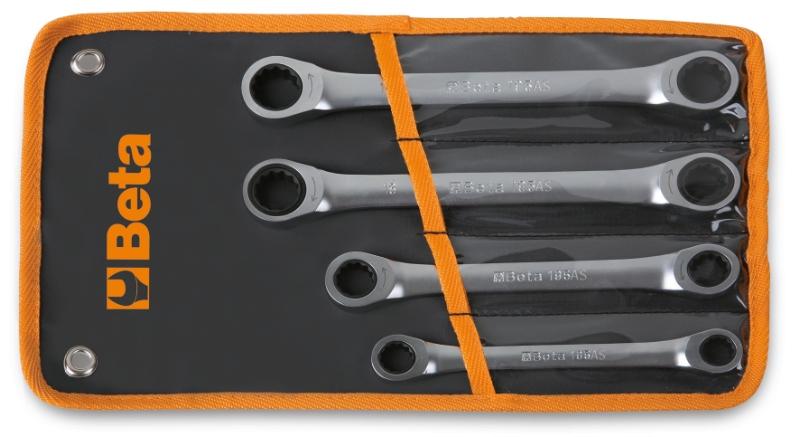 195AS/B - Set of 4 ratcheting double-ended flat bi-hex ring wrenches (item 195AS) in wallet