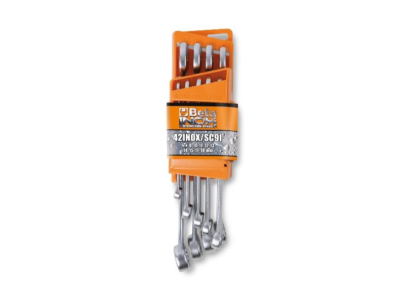 42INOX/SC9 - Set of 9 combination wrenches, made of stainless steel with compact support