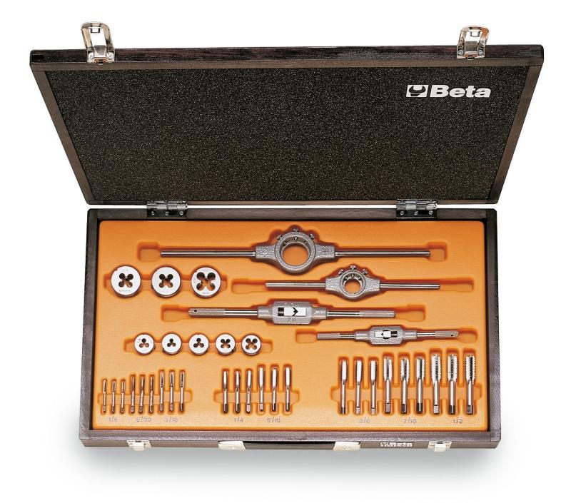 446ASW/C36 - Assortment of chrome-steel taps and dies, Whitworth thread, and accessories in wooden case