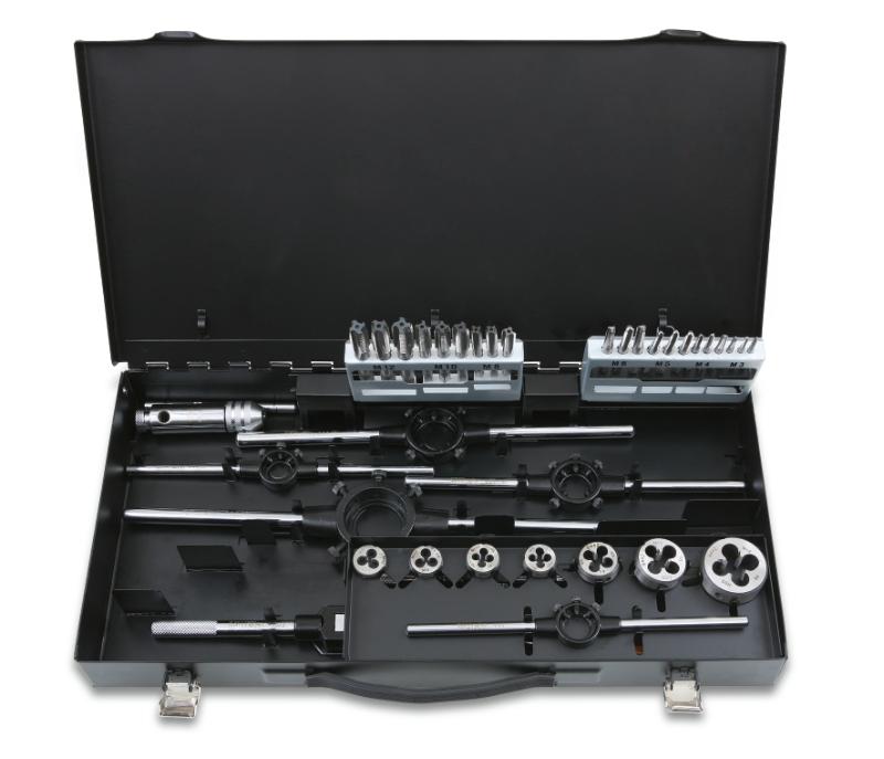 447/C37 - Assortment of HSS taps and dies, metric thread, and accessories in metal case