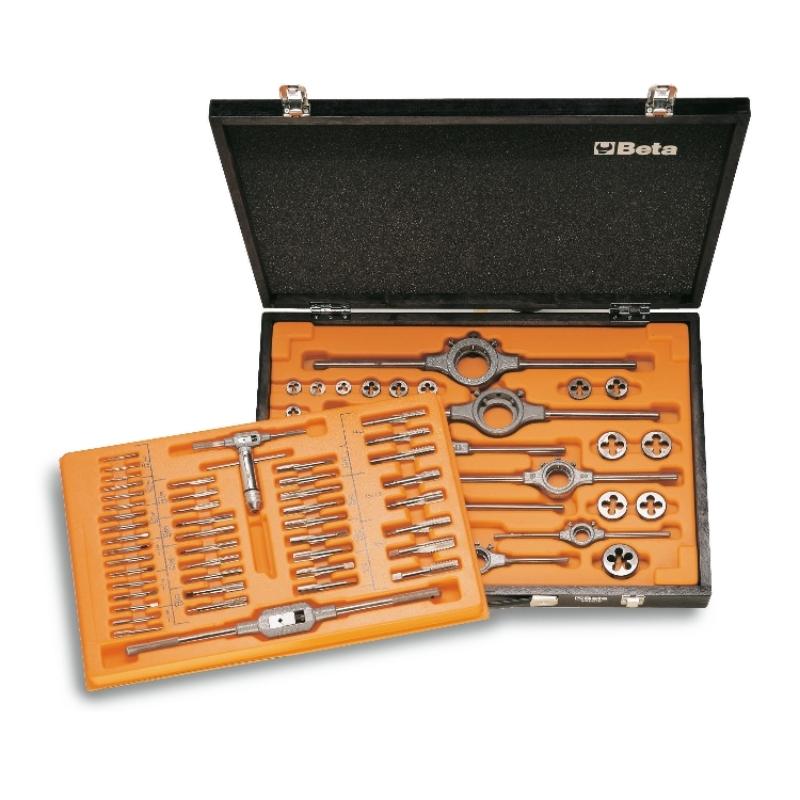 447/C70 - Assortment of HSS taps and dies, metric thread, and accessories for car repair jobs industrial maintenance in wooden case