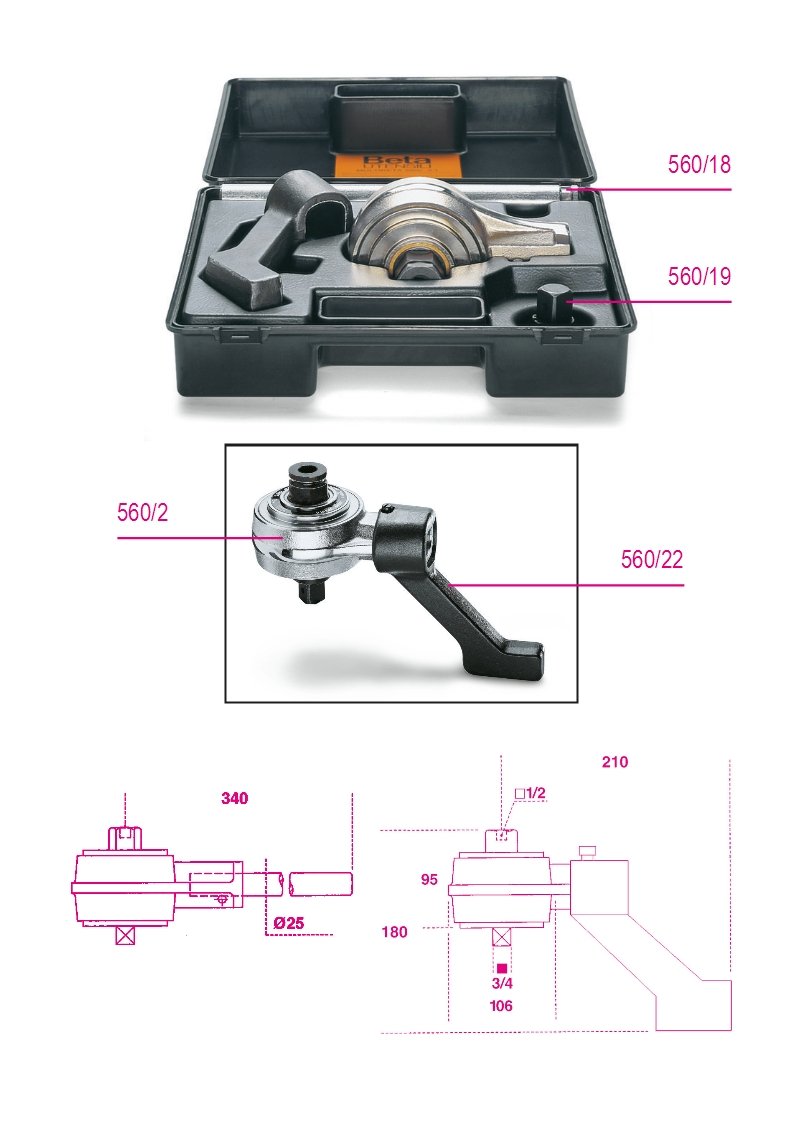 560/C2 - Torque multiplier for right-hand and left-hand tightening, and accessories, ratio 5:1, in plastic case