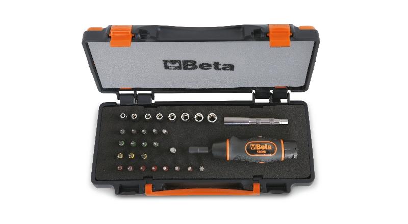 583/C31 - Assortment of 1 torque screwdriver, 8 hexagon hand sockets, 20 bits and 2 accessories in sheet metal case with soft thermoformed tray