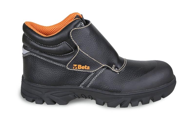 7310CRK - Lace-up black leather shoe, "welder" style, water-repellent, with quick opening system and front protection with strap fastening and flameproof seams. Hard-wearing rubber outsole and anti-abrasion insert in toe cap area